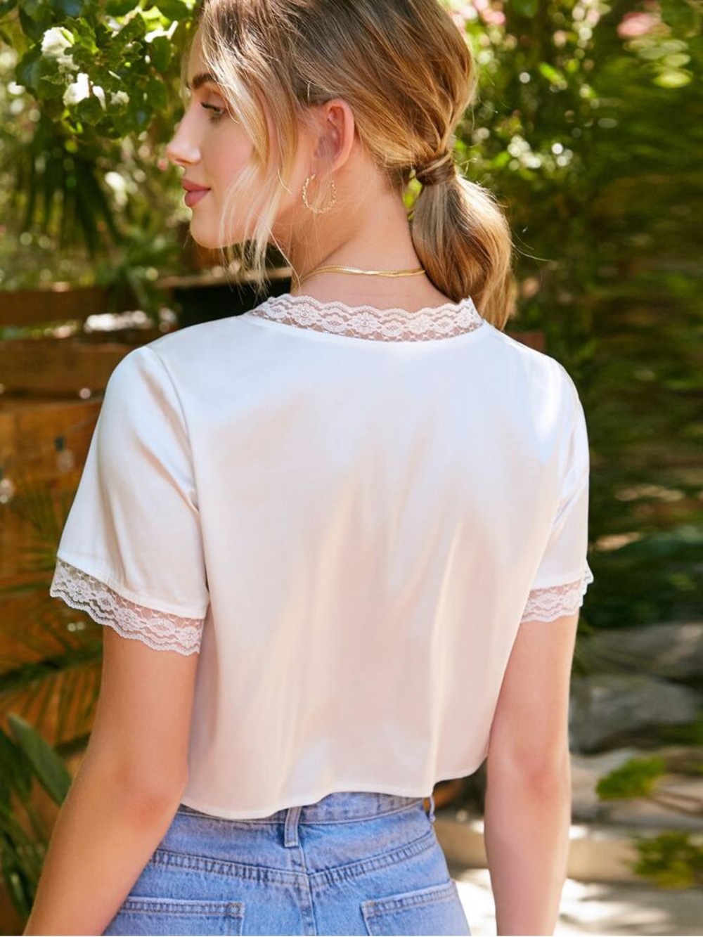 Shein | Women's White Satin Tie-Up Blouse Cropped Lace Shirt - Picture 2 of 6